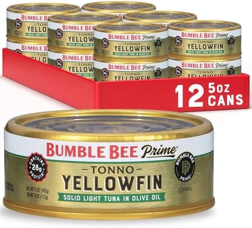 Bumble Bee Prime Tonno Tuna In Olive Oil, 5 oz Easy Open Cans (Pack of 12) - Premium Wild Caught Yellowfin Ahi Tuna - 28g Protein Per Serving - Non-GMO Project Verified, Gluten Free, Kosher