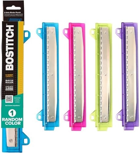 Bostitch Office Ring Binder 3 Hole Punch, 5 Sheets, Includes One Punch in Assorted Colors (RBHP-4C)