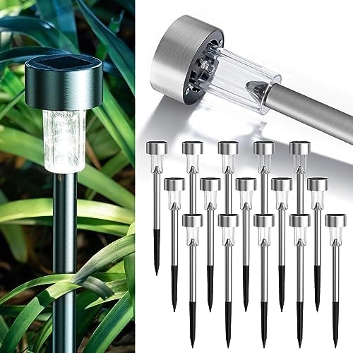 GIGALUMI 16 Pack Solar Lights Outdoor Waterproof,Stainless Steel LED Solar Garden Lights for Patio, Lawn, Yard and Landscape(Cold White)