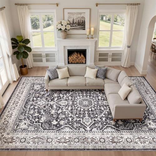 LOONGRUG 10x12 Area Rug Washable Vintage Boho Living Room Soft Rug Black