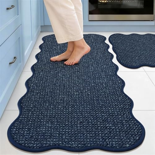 JSEI Scalloped Kitchen Rugs and Mats 2PCS, 17"x30"+17"x48", Blue