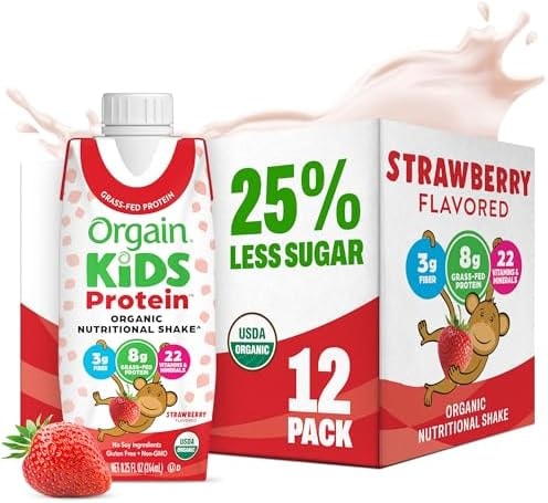 Orgain Organic Kids Dairy 8g Protein Shake, Strawberry, 8.25 oz, 12pk