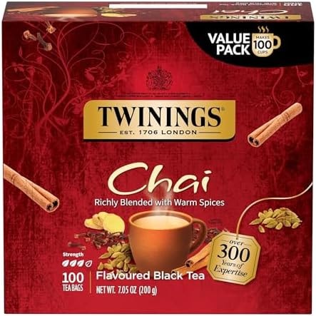 Twinings Chai Black Tea Individually Wrapped Bags, 100 Count (Pack of 1), Richly Blended with Warm Spices, Caffeinated, Enjoy Hot or Iced, 100 Teabags