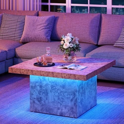 YITAHOME Square LED Coffee Table, Cocktail Table with Sturdy Frame, Brown