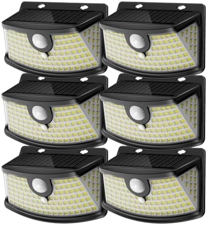 Aootek New Solar Motion Sensor Lights 120 LEDs with Lights Reflector,270° Wide Angle, IP65 Waterproof, Step Lights for Front Door, Yard, Garage, Deck (Black, Daylight White, 6-Pack)