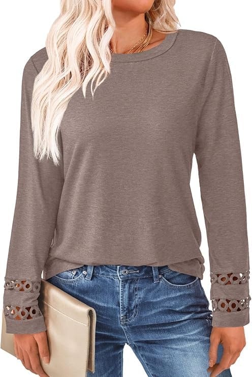 GKBK Womens Long Sleeve Tops Business Dressy Casual Blouses Crewneck Loose Fit Lightweight T Shirts Cute Work Tee Ladies Tunic 2025 Fall Winter Fashion Clothes Trendy Outfits Coffee M