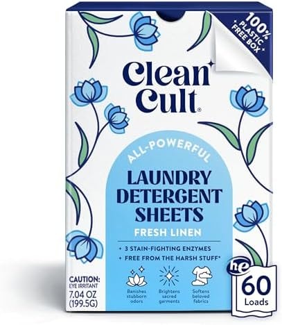 Cleancult Laundry Detergent Sheets - Resealable Box - 3 Stain Fighting Enzymes - Fresh Linen - 60 Loads - Free of Harsh Chemicals - No Mess - No Plastic Waste