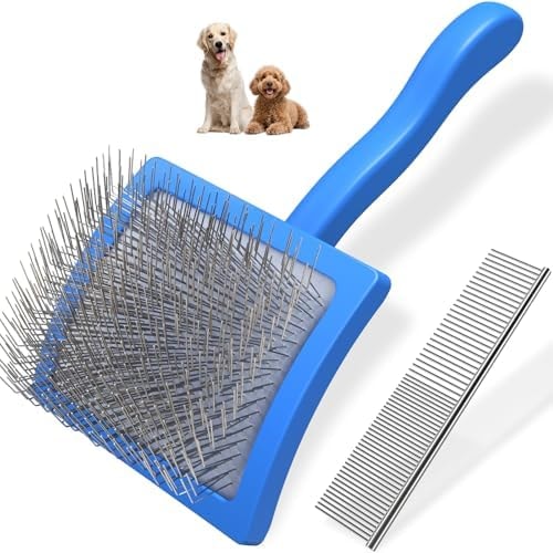 Saccison 2PCS Slicker Brush for Dogs & Pet Comb,Professional Dog Grooming Brush (Goldendoodles,Poodles,Labradoodles) with Extra Long Pins to Effectively Remove Tangles, Knots and Mats (Blue, Large)