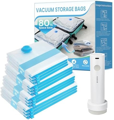 ANBIUX Vacuum Storage Bags with Cordless Electric Pump, 12 Pack, Blue