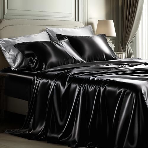 Bedsure Black Satin Sheets Queen Size, Soft Silky Bedsheet for Hair & Skin