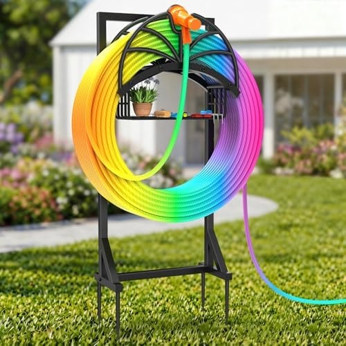 Garden Water Hose Holder Freestanding with Storage Basket for Outside