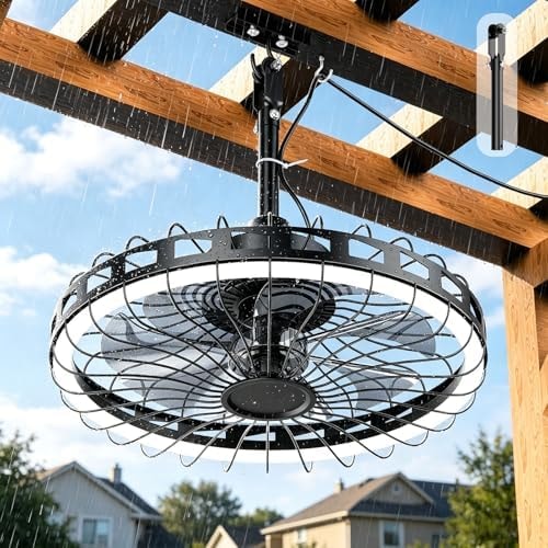 Unenrui 20" IP65 Waterproof Outdoor Ceiling Fan with Light, Plug-in Caged Design, 3CCT Dimmable & 6-Speed Adjustment for Patio Porch Pergola