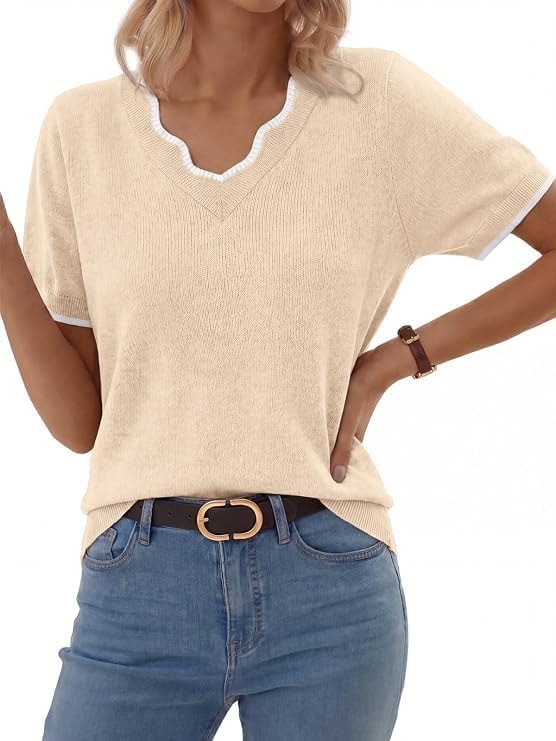 GKBK Women Short Sleeve V Neck Sweater Lightweight Pullover Top Fashion Clothing for Business Casual Work Outfits Spring Summer 2026 Apricot X-Small