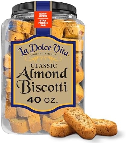 La Dolce Vita Classic Almond Italian Biscotti Cookie Snacks with Whole Almonds, 40 oz. Jar, 30 Servings (Pack of 1)