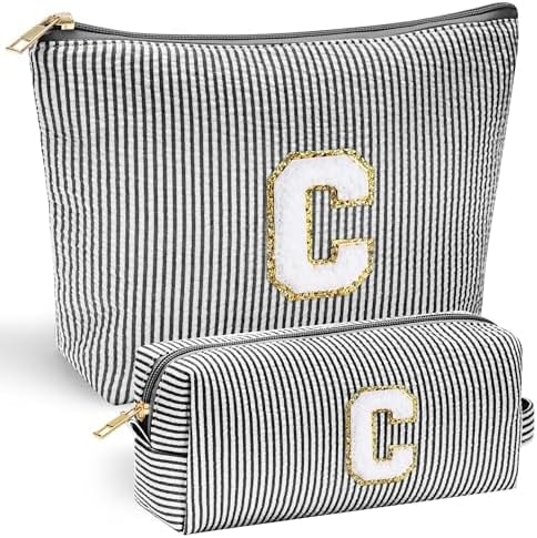 YOOLIFE Initial Personalized Preppy Makeup Bag - Monogrammed Birthday Gift for Women & Girls - Mother's Day Gift - Black