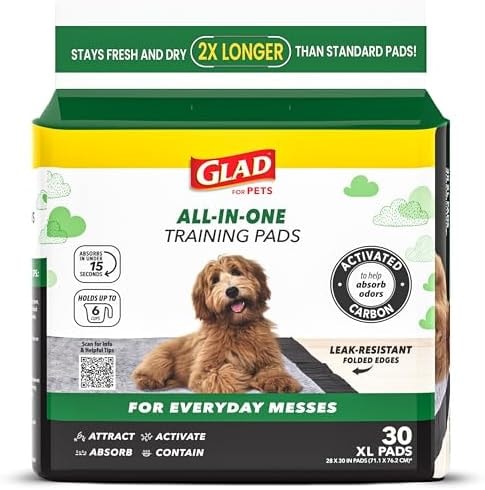 Glad for Pets Extra Large Charcoal Training Pads for Dogs and Puppies, Activated Carbon Odor Control, 6-Layer Absorbent Leak-Proof Pee Pads with Pheromone Attractant, 28 x 30 in, 30 Count
