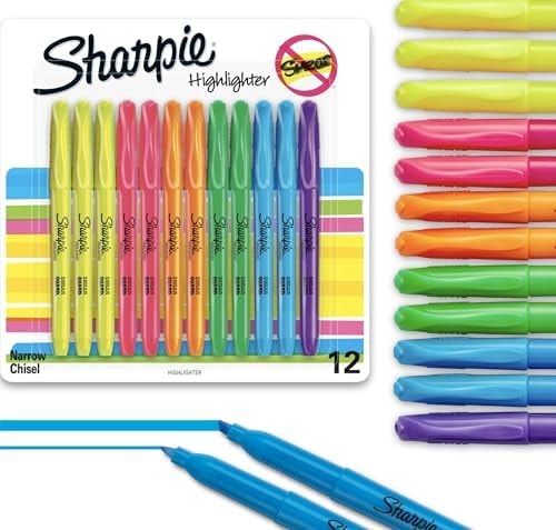 Sharpie Pocket Highlighters, Chisel Tip, Quick Dry, Assorted Fluorescent Colors, 12 Count - For Studying, Note-Taking, School, College, Office, Student & Teacher Supplies