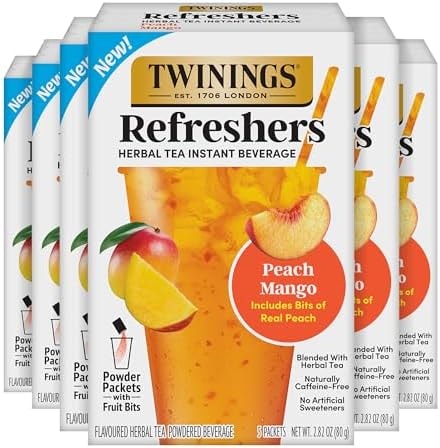 Twinings Peach Mango Refreshers, Herbal Tea Instant Beverage with Real Peach Fruit Bits, 5 Count (Pack of 6), Café Style, No Artificial Sweeteners, Naturally Caffeine-Free Refreshment, 30 Packets
