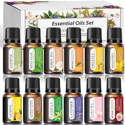 Essential Oils Set, 12 Scents, 10 ML Bottles, Lavender, Lemon, Rose, Jasmine, Vanilla, Sandalwood and More, for Humidifiers, Diffusers, Aromatherapy