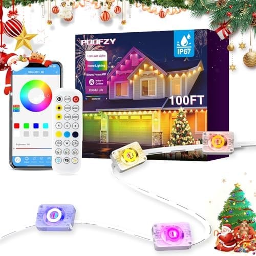 POOFZY Permanent Outdoor Lights for House,100ft RGB+IC Smart Outdoor Decor, 50 Scene Modes,App/Remote Control,IP67 Waterproof,for Christmas,Easter,V-Day,Thanksgiving,Daily & Holiday Party Decor