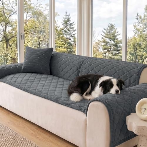 GOSTADY Fuzzy Soft Thick Couch Cover for Dogs, Non-Slip Washable Water-Resistant Sofa Slipcover for Sectional Sofa, Pet Friendly Furniture Protector for 3-Cushion Couch, Dark Gray, 27.6"×70.9", 1 pcs