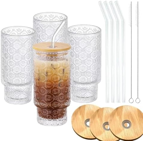 Vintage Glass Cups with Bamboo Lids and Straws–4Sets 11oz Iced Coffee Cups for Women, Aesthetic Glass Tumblers for Juice, Cocktail, Whiskey – Housewarming Gifts for New Home, Coffee Bar Accessories