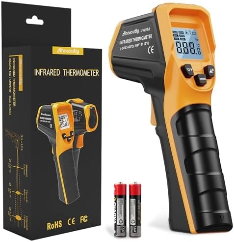 Ahosoutly Infrared Thermometer Laser Temperature Gun -58℉ to 1112℉,with Cal Calibration and Adjustable Emissivity,Min& Max Measure,for Cooking,Oven,Meat Food,HVAC,Appliance(Yellow)