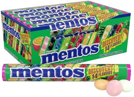 Mentos Chewy Mint Candy Roll, Discovery 14 Assorted Fruit Flavors, 14 Pieces Per Roll, 15 Count Showbox