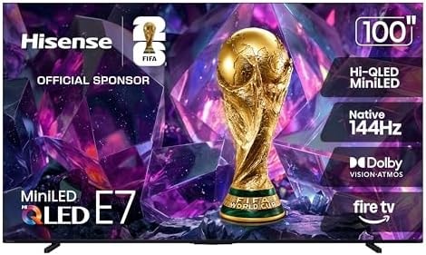 Hisense 100" E7 Cinema Series Hi-QLED Mini-LED 4K UHD Smart Fire TV (100E7SF, 2026 NEW) - Native 144Hz, AI Picture, Dolby Vision IQ · Atmos, FALD, HDR10+ Adaptive, MEMC, Alexa+