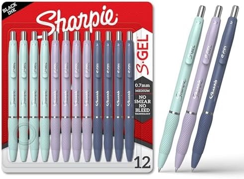 Sharpie S-Gel Gel Pens, Medium Point (0.7mm), Assorted Fashion Barrels, Black Ink, 12 Count - Office, Teacher, School Supplies