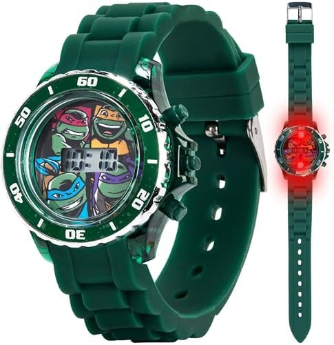 Nickelodeon Teenage Mutant Ninja Turtles Kids' LCD Watch – Flashing Light-Up Display, Bumpy Rubber Strap, Green Bezel, Digital Time Display, Adjustable Fit – Fits Wrists 5.5" to 8"