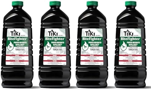 TIKI BiteFighter® Mosquito Repellent Torch Fuel 3/4 Gallon (100 oz.) 4-Pack, Citronella & Cedar Formula for Mosquito Repellency, Easy Pour Bottle, Use with Torches & Table Torches, Outdoor & Backyard
