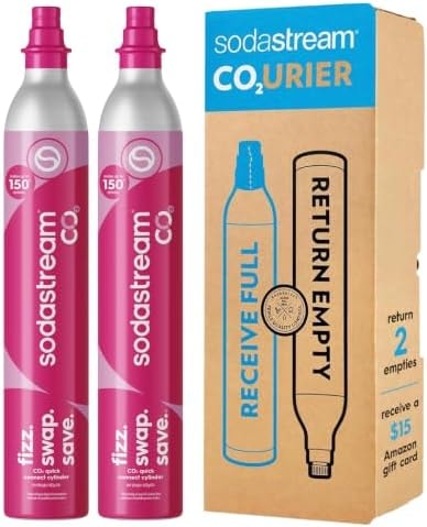 SodaStream CO2 Gas Refill Pack, 2 x 60L Pink Quick Connect Cylinders, Soda Stream CO2 Refill, Return to Earn $15 Amazon.com Gift Card, Compatible with TERRA, ART, ENSO, E-TERRA, E-DUO & Other Brands