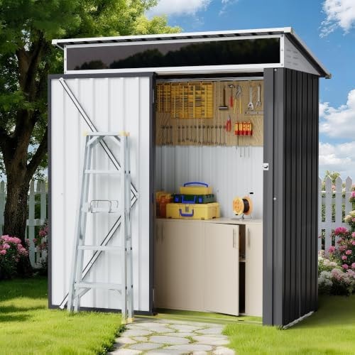 Shintenchi 5x3 FT Outdoor Storage Shed with Window, Outdoor Waterproof Storage Shed Metal Garden Shed with Lockable Single Door,Weather Resistant Tool Storage House Shed for Garden,Backyard,Steel Gray