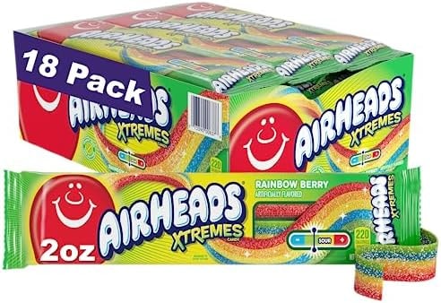 Airheads Xtremes Belts Candy, Chewy Candy Package, Rainbow Berry Fruit Flavor Artificially Flavored, 2 Ounces (18-Pack)
