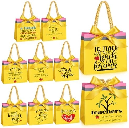 Kolldenn 10 Packs Teacher Appreciation Gift Bags 10 Styles Thank You Gift Bag with Handle Ribbon Bow for Back to School Teacher Favor Bags