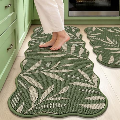 JSEI 3D Leaf Scalloped Kitchen Rugs, 17"x30"+17"x48", Green