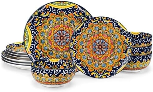vancasso 12 Pieces Dinnerware Sets, Dark Green Plates and Bowls Set, Porcelain Dishes Set for 4, Microwave and Dishwasher Safe, Scratch Resistant, Bohemian Style Dining Ware Service for 4, Series SIMI