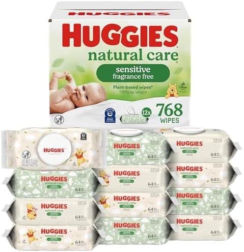 Huggies Natural Care Sensitive Baby Wipes, Unscented, Hypoallergenic, 99% Purified Water, 12 Flip-Top Packs (768 Wipes Total), Packaging May Vary