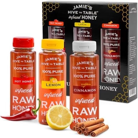 Jamie's Hive to Table - Honey Gift Set - Hot, Lemon and Cinnamon Flavored Honey Variety Pack, 36 oz