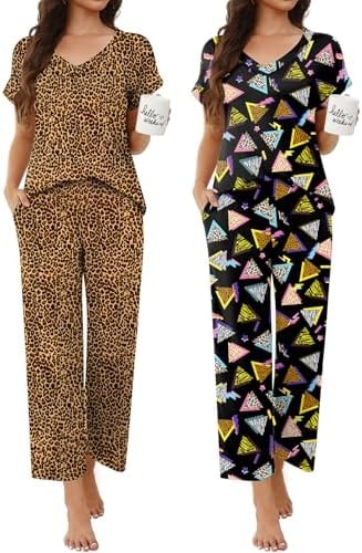 Ekouaer 2 Pack Pajama Sets for Women V Neck Short Sleeve Lounge Sets