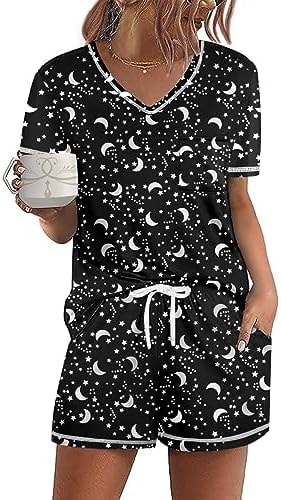 Ekouaer Women's Pajamas Sets Short Sleeve Lounge Sets Sleepwear Casual Two Piece Pjs With Pockets Black Moon Star XXL