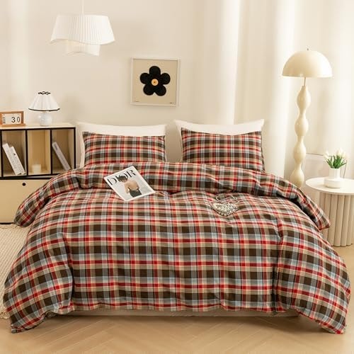ECOCOTT Cotton 3 Pcs Duvet Cover Set Linen Feel Red & Brown Plaid Queen