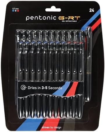 Pentonic G-RT Retractable Gel Pens, 24 Count, Assorted Color Ink (12 Black, 8 Blue, 4 Red), 0.7 mm Fine Point, Smooth Writing For Journaling (1002360)