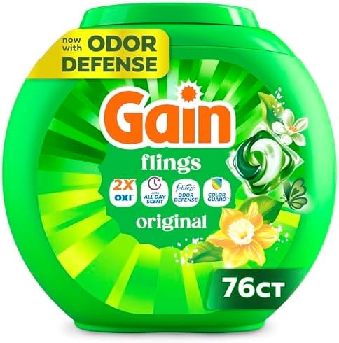 Gain Flings Liquid Washing Detergent Pacs, Now with Odor Defense + Color Guard, Original Scent, 4-In-1 Liquid Laundry Detergent Pods, Clean & Fresh, 76 Count (Packaging May Vary)