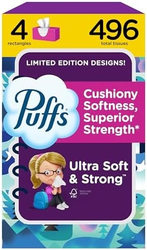 Puffs Facial Tissues Ultra Soft, 4 Family Boxes, 124 Facial Tissues per Box, Allergies and Colds (Packaging May Vary)