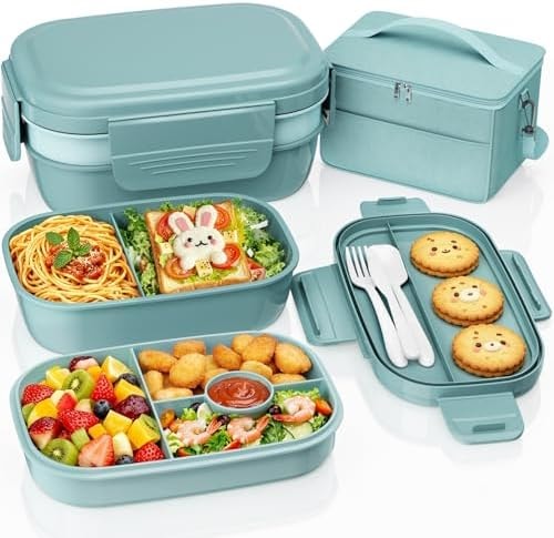 Adults Bento Lunch Box Set with Lunch Bag, 3-Tier Stackable Leak-Proof Lunch Containers, BPA-Free Bento Box with Built-in Utensils,Microwave & Dishwasher Safe for Work, School, Dining Out(Green)