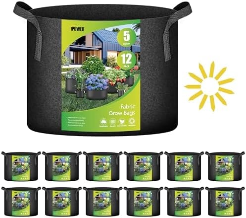iPower 12-Pack 5 Gallon Grow Bags Heavy Duty Thickened Aeration Nonwoven Fabric Pots with Nylon Handles, for Planting Vegetables, Fruits, Flowers, Black