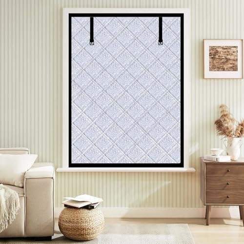 Skloopearg Winter Insulated Window Curtain 39"x63", Oxford Cloth Thermal Insulated Window Cover with Buckles, Heavy Duty Window Insulation Kit Fits Windows up to 38"x62", Silvery