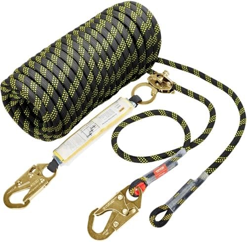 VEVOR Vertical Lifeline Assembly, 0.55'' x 50' Fall Protection Rope with 30 KN Breaking Tension, Polyester Roofing Rope with Steel Snap Hooks, Rope Grab, and Shock Absorber, ANSI Compliant